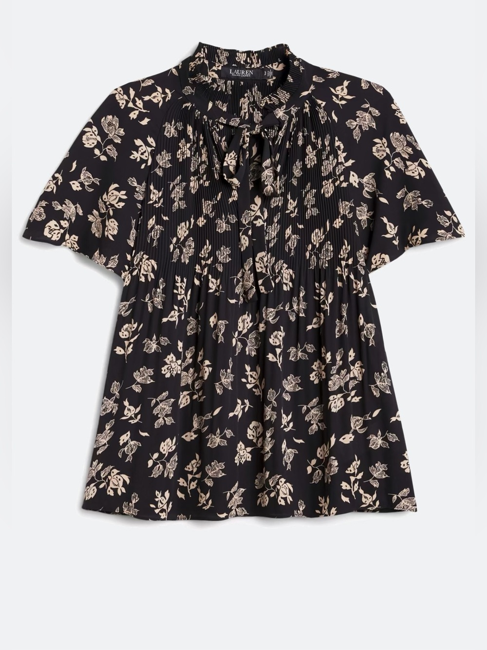 Lauren Ralph Lauren Black and Cream Floral Tie-Neck Pintuck Blouse